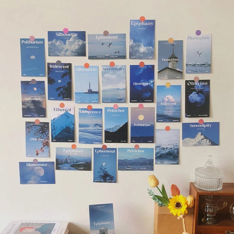 The complete 30-piece Poetic Photo Wall Collage Kit arranged in a grid on a white wall, creating an Indie-style aesthetic room decor display.