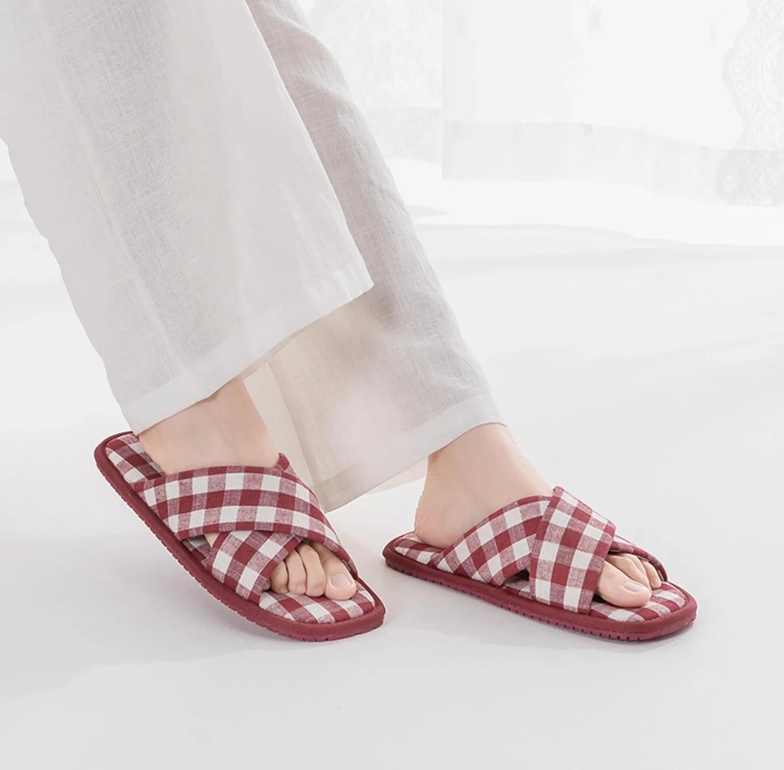 Red Gingham Cotton House Slippers modeled on feet - Cottagecore - RoomDen