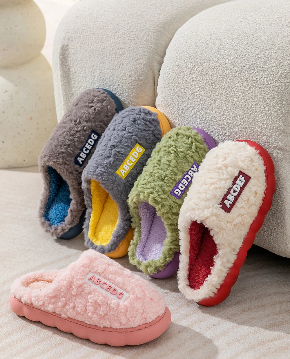 RoomDen Plush Textured Polyester House Slippers group shot showing multiple colorways - RoomDen