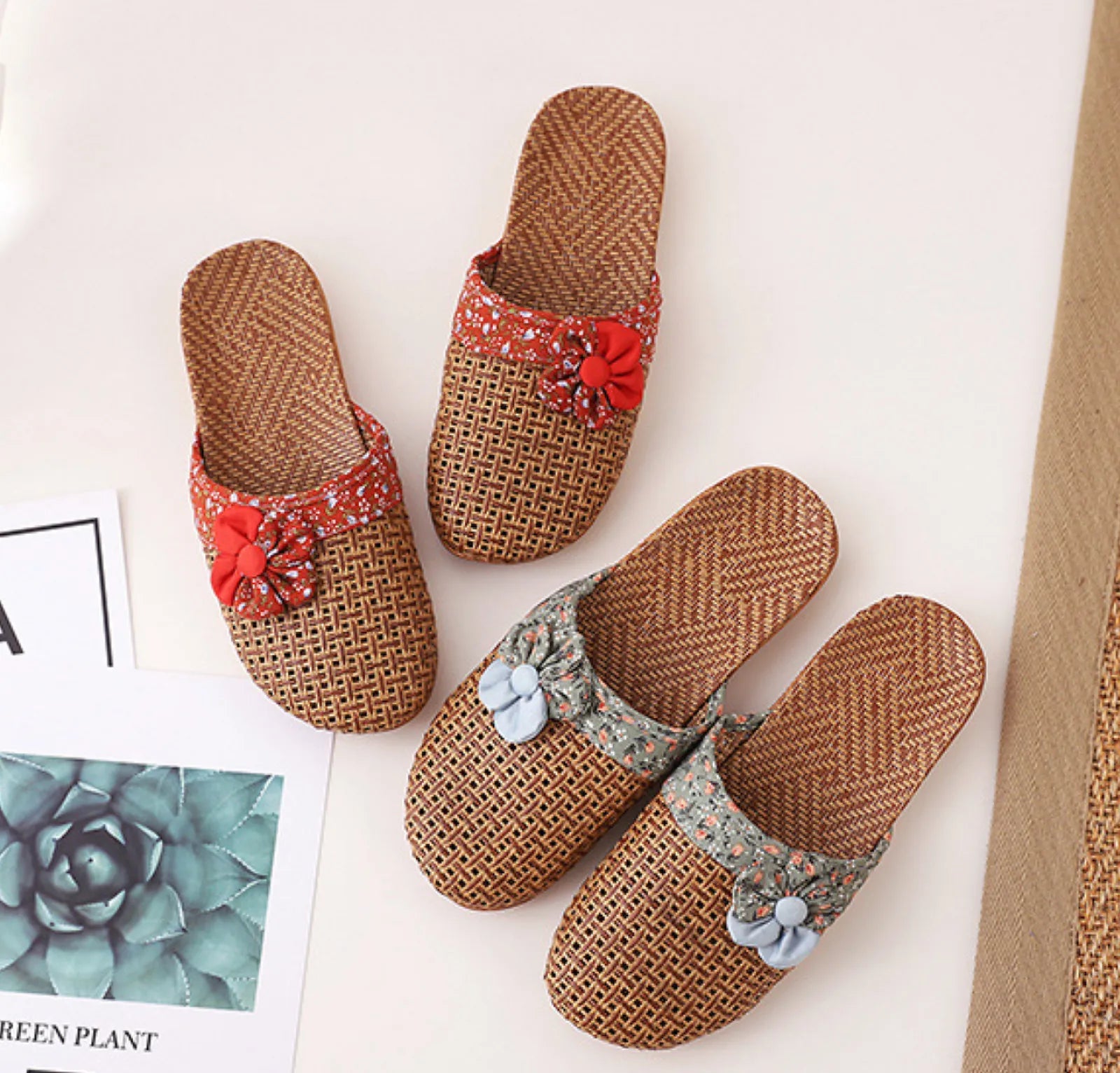 Red and Sage Green Floral Natural Rattan House Slippers flat lay display - RoomDen