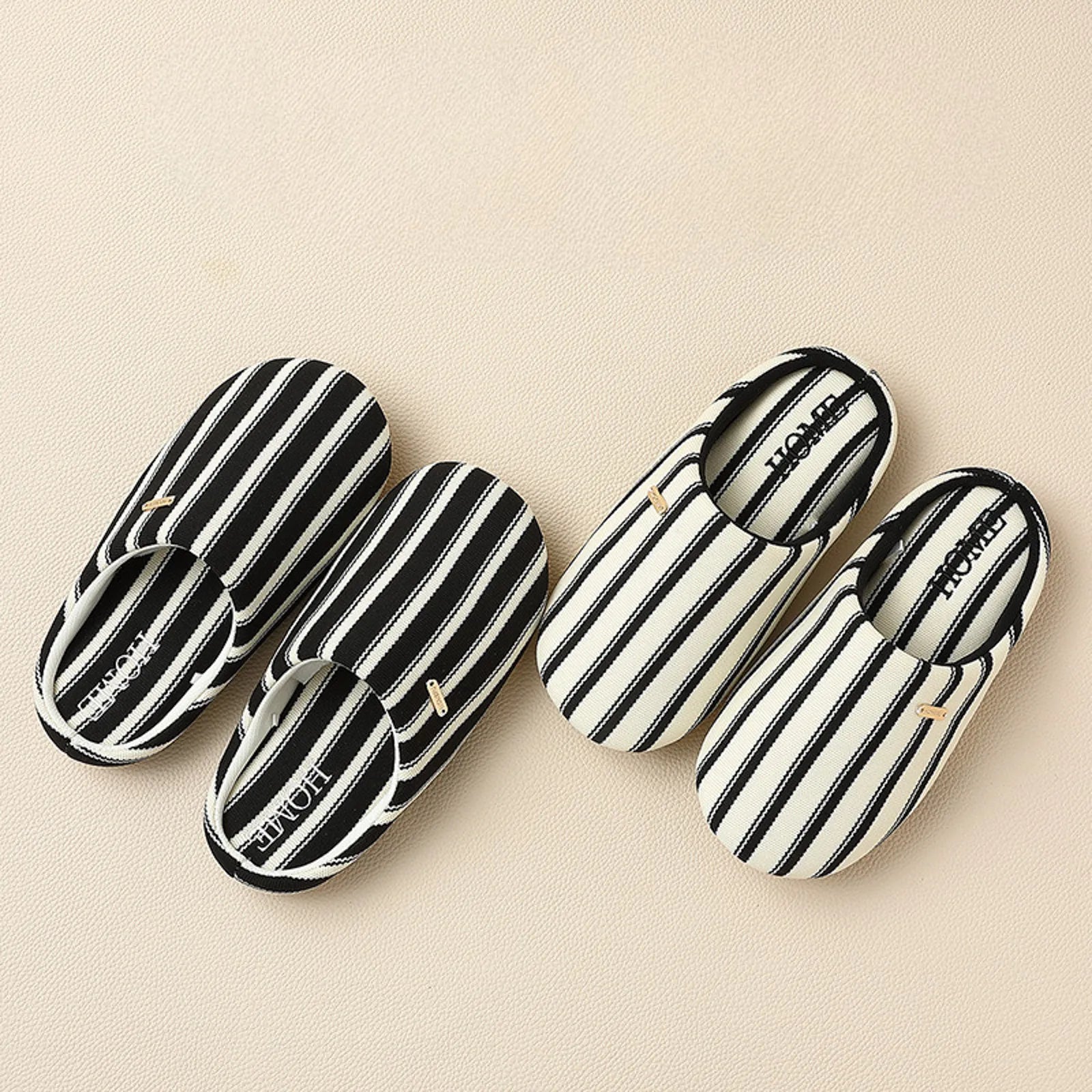 Pair of Black and Beige Striped Cotton House Slippers - RoomDen