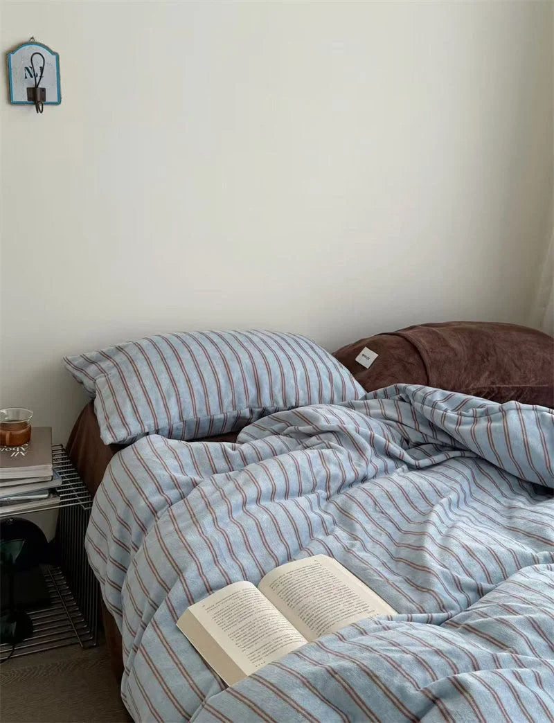 RoomDen Plush Pinstripe Flannel Fleece Bedding Set - Blue Striped Variant - Light Academia Style