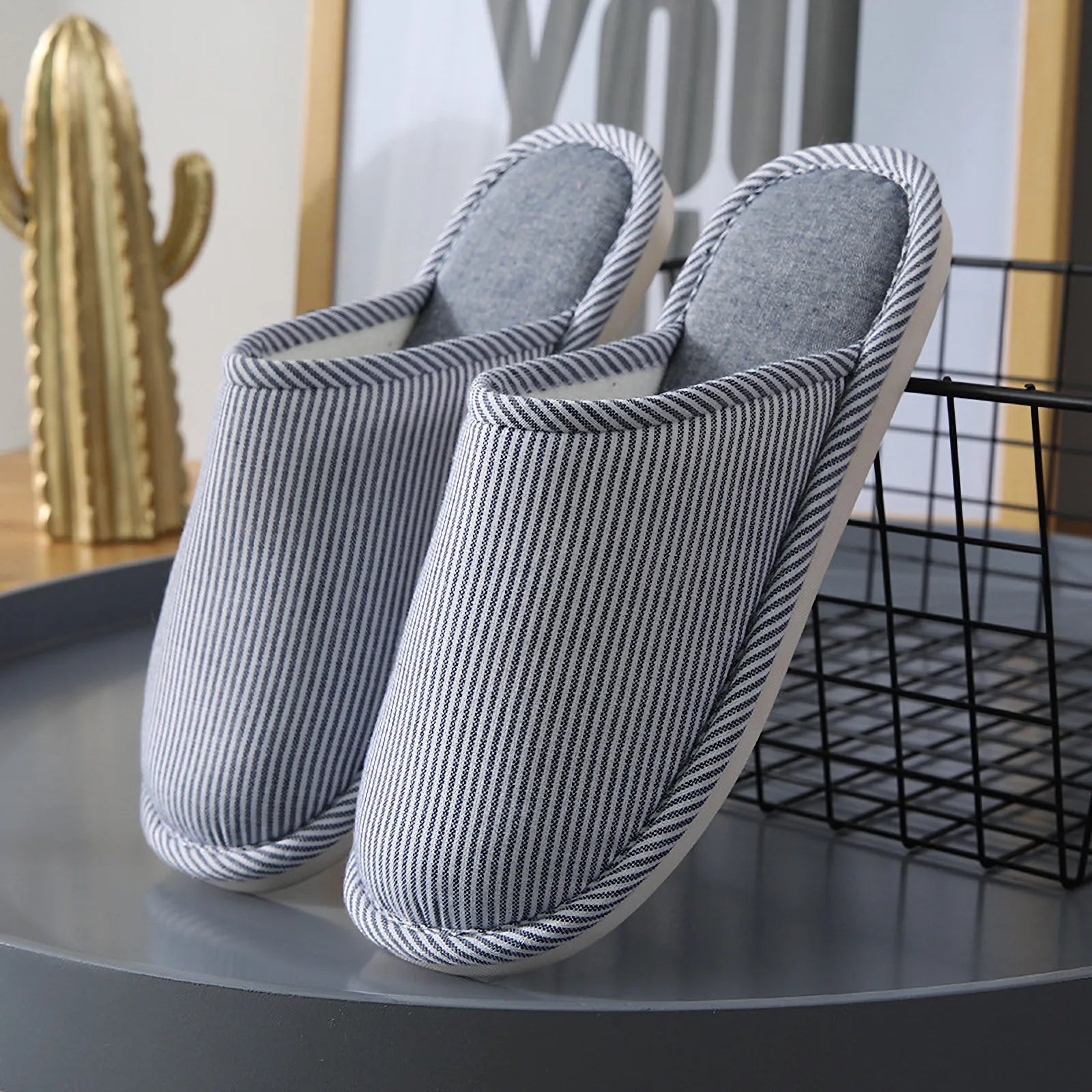 Pair of Blue Striped Cotton House Slippers displayed on a grey tray - RoomDen