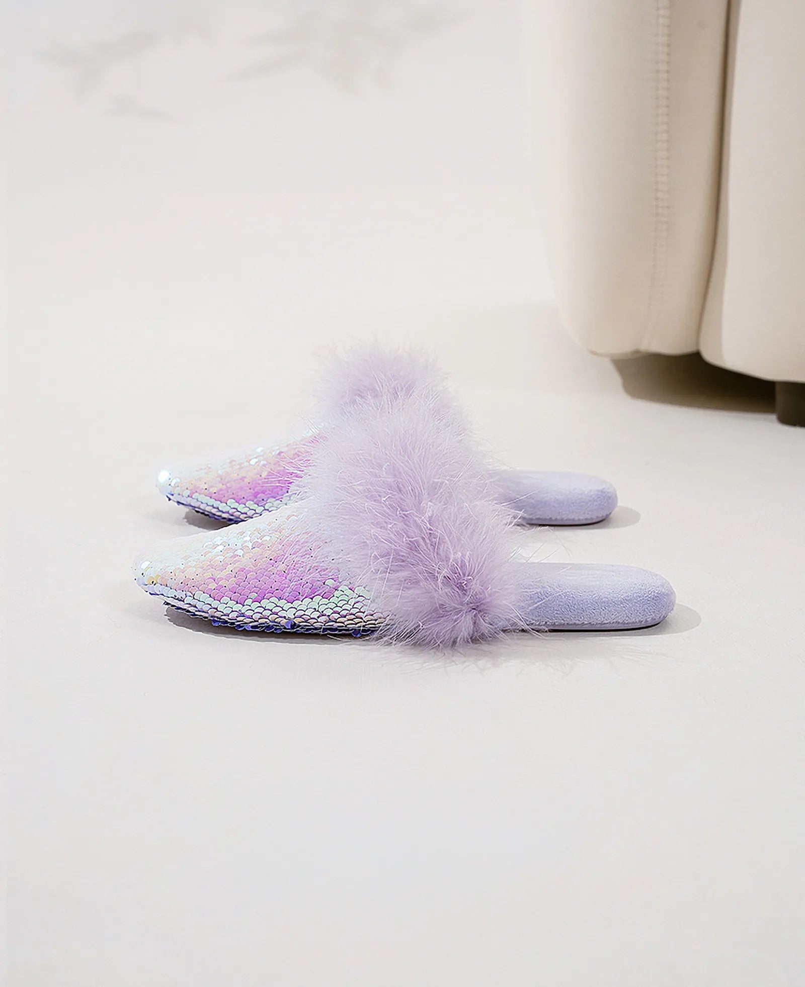 Pair of purple sequin slides with faux fur detailing - RoomDen