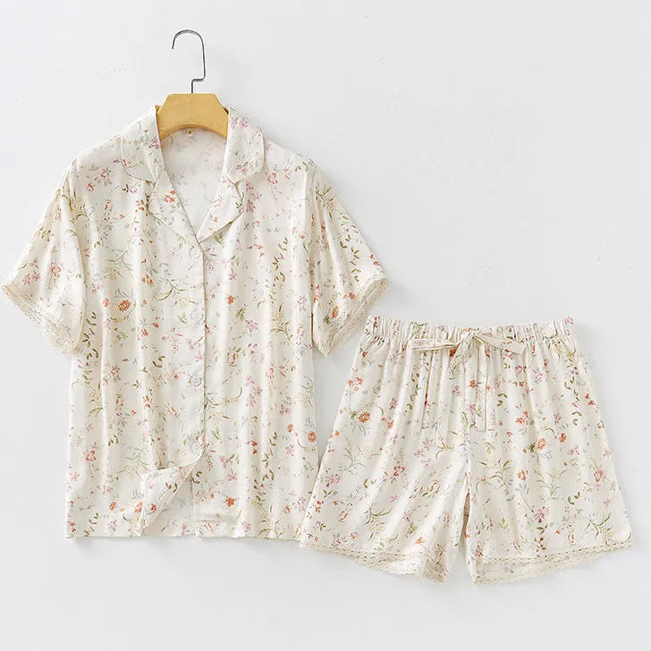 RoomDen Silky Vintage Floral Cotton Sateen Pajama Set - Beige Floral Short Sleeve and Shorts Flat Lay