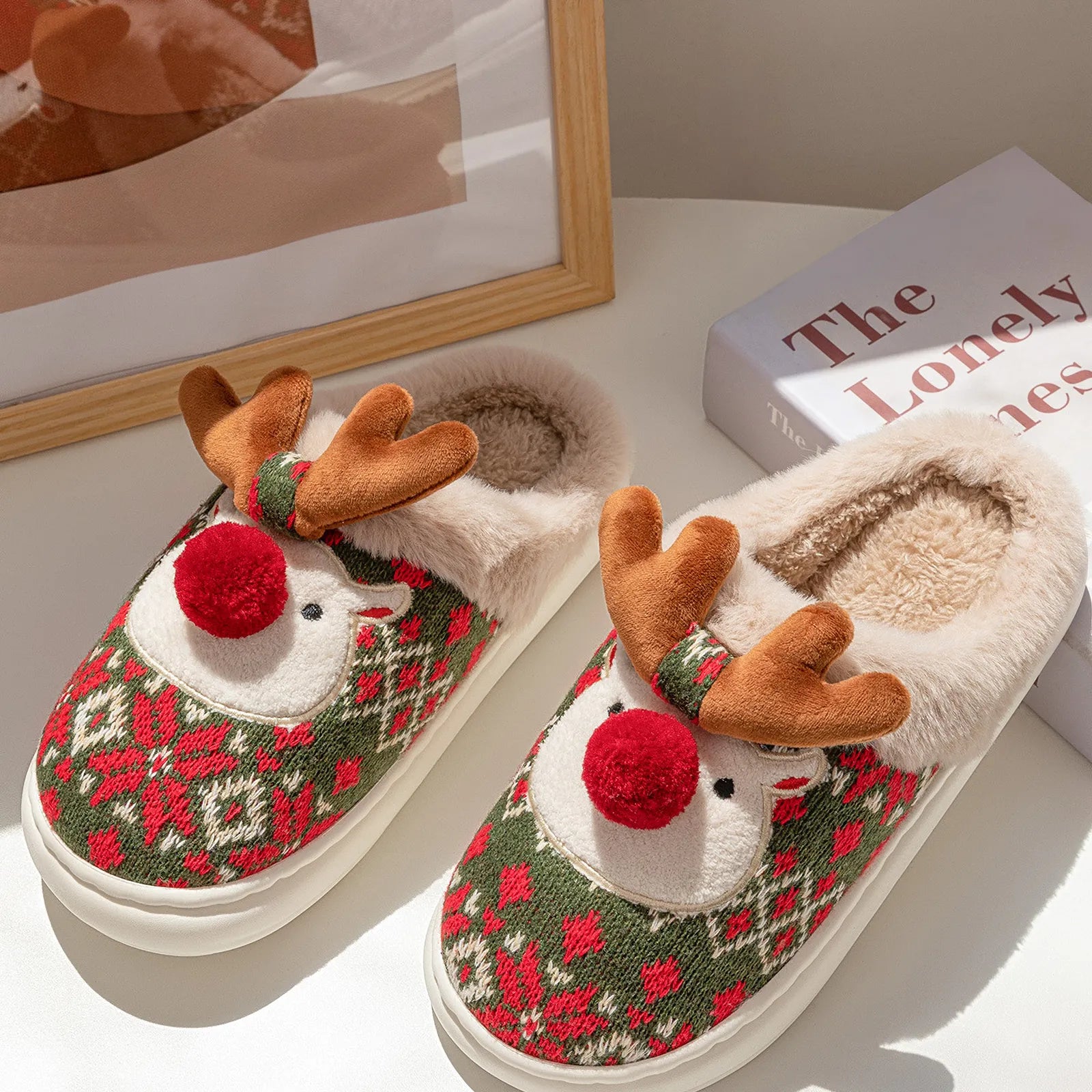 Red Reindeer Jacquard Knit House Slippers Main View - RoomDen