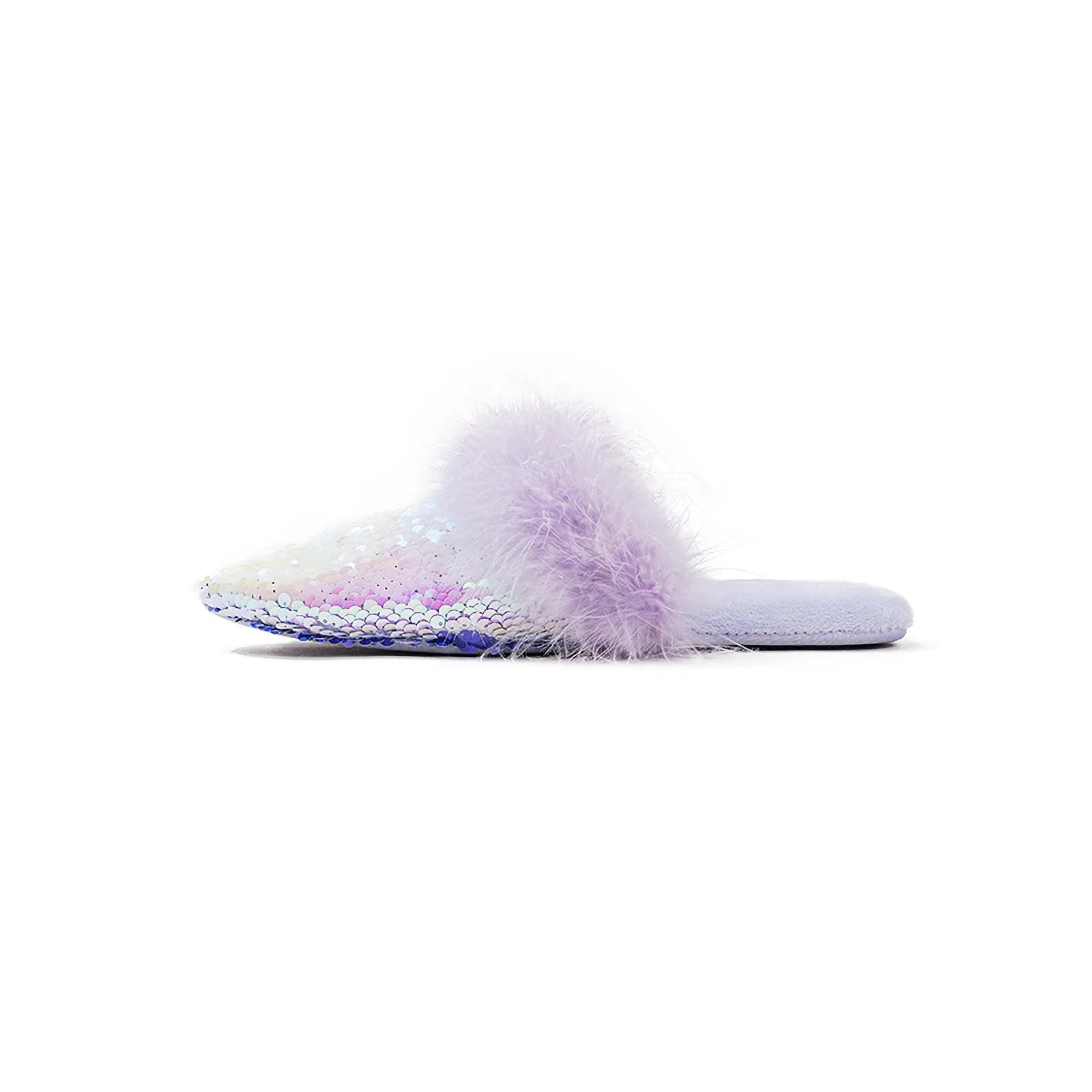 Side profile of lavender sequin slipper showing flat sole and fur cuff - RoomDen