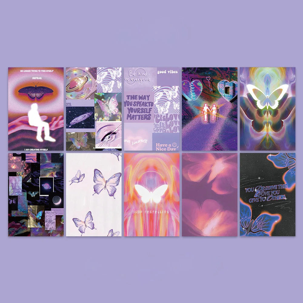 Full set of 10 posters from the Butterfly Dream wall collage kit variant, featuring purple and celestial butterfly designs. - RoomDen