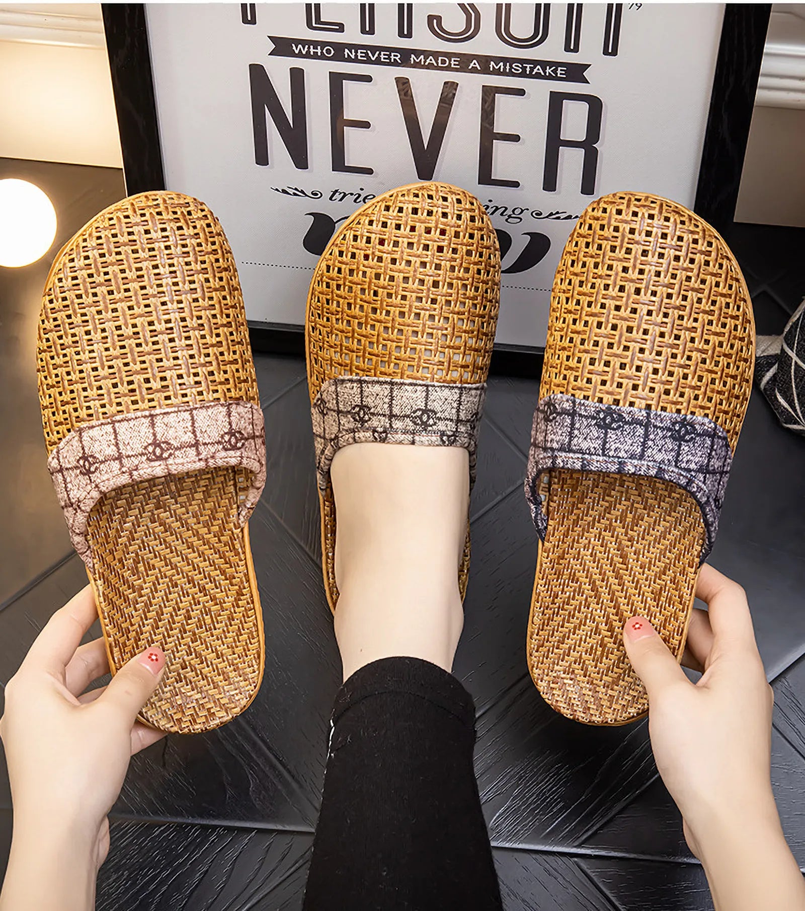 Three pairs of Cooling Plaid Natural Rattan House Slippers in pink, brown, and grey - RoomDen