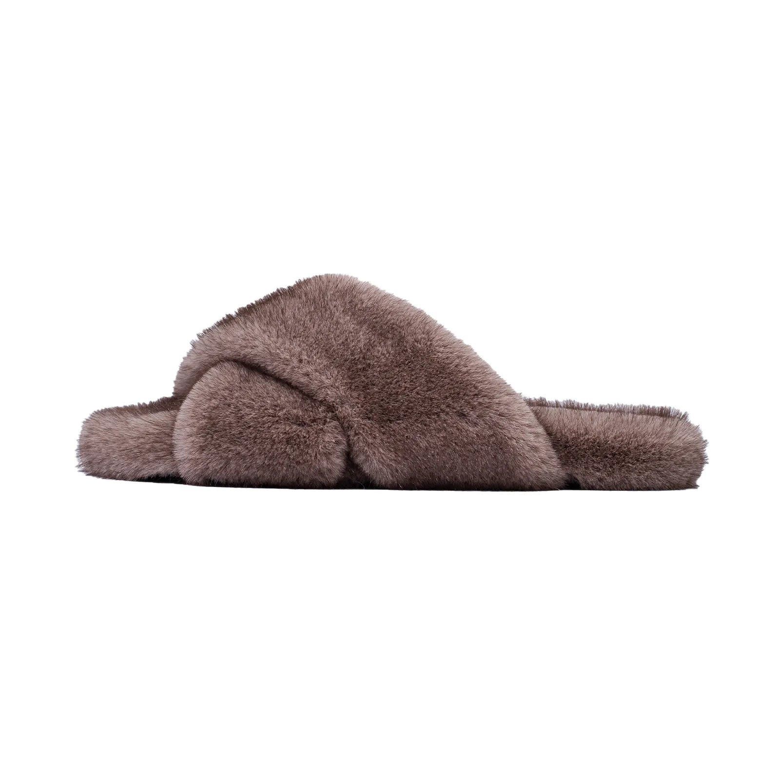 Side profile of brown faux fur cross-band slipper - RoomDen