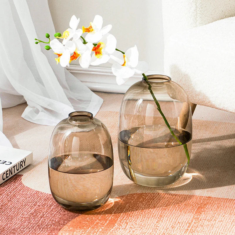 A large and small amber brown tinted glass vase on a pink textured rug, with a white orchid in the larger vase. - RoomDen