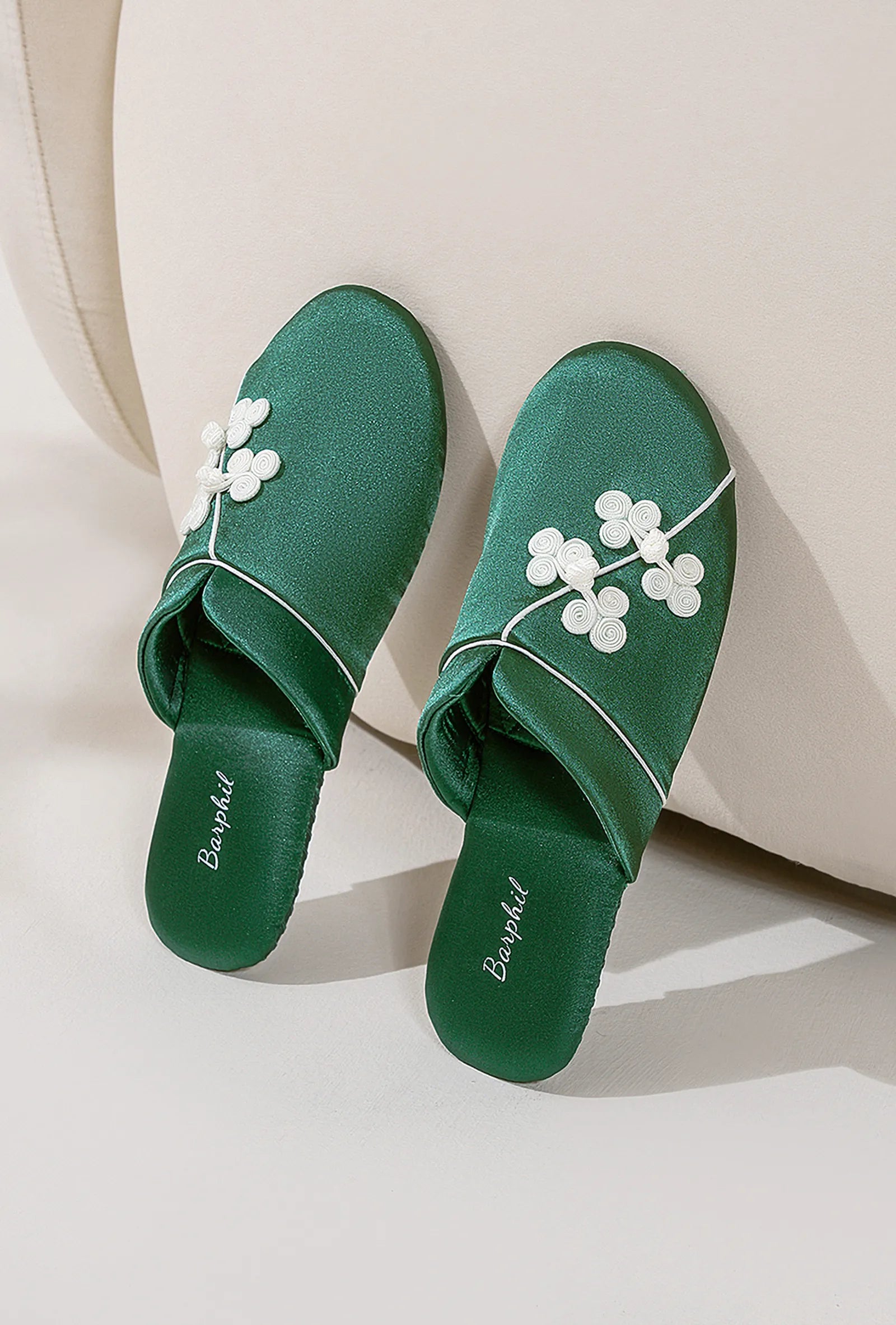 Top view of Emerald Green Cotton Sateen House Slippers showing floral button detail - RoomDen