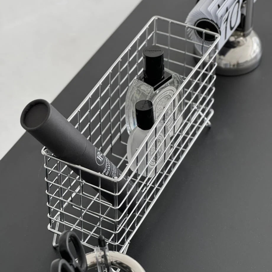 Top-down angle of the Wireframe Grid Metal Desktop Organizer showing its storage capacity. - RoomDen