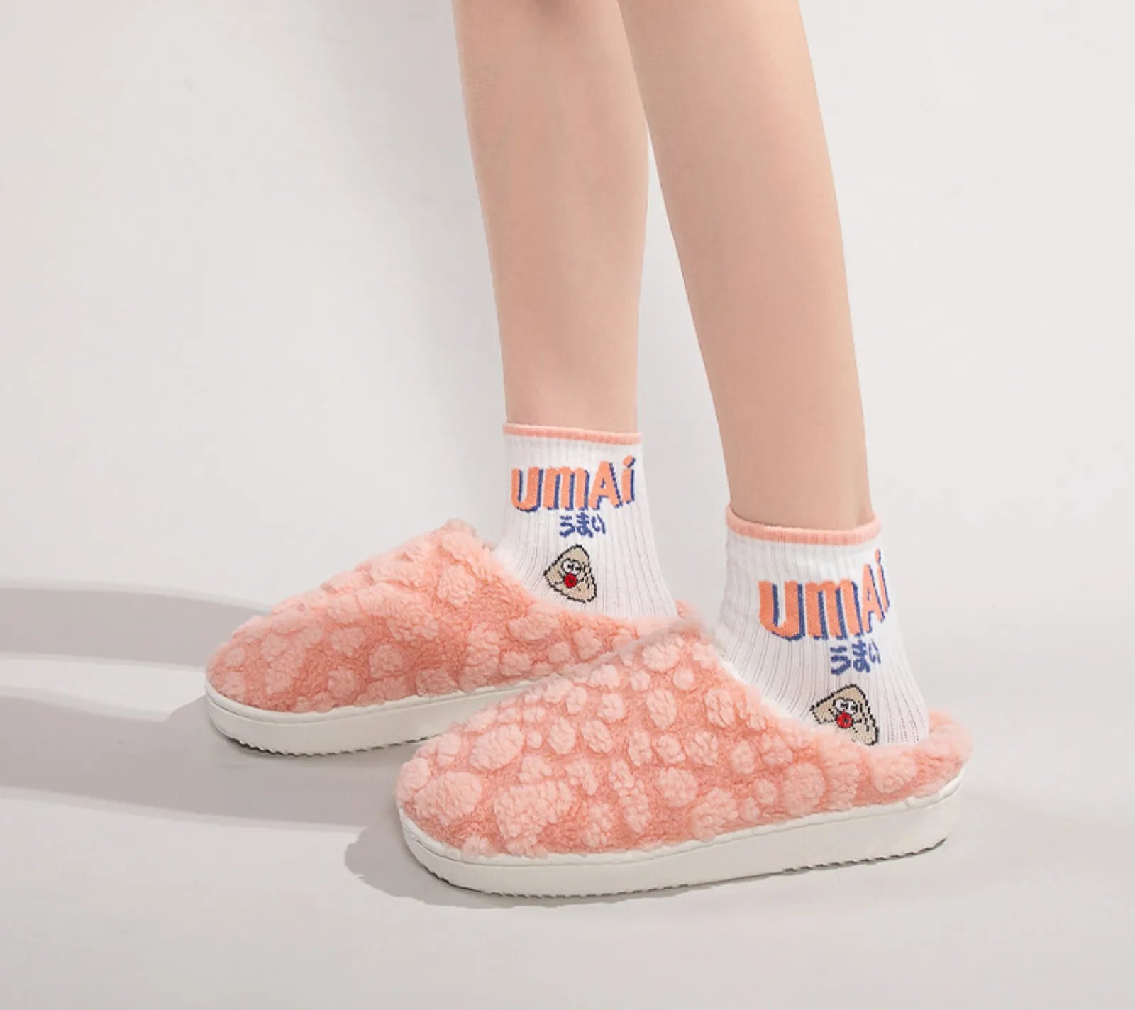 Pink Plush Bubble Textured Fleece House Slippers on model - RoomDen