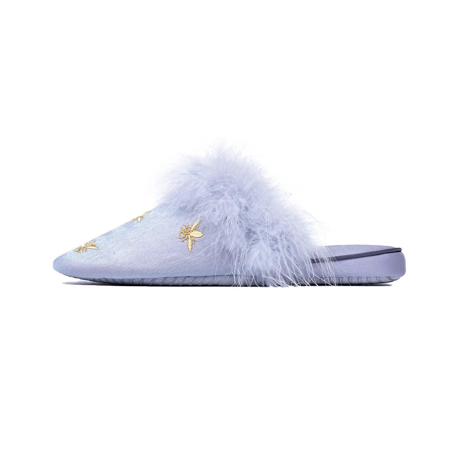 Side profile of Blue slippers showing the sleek satin finish - RoomDen