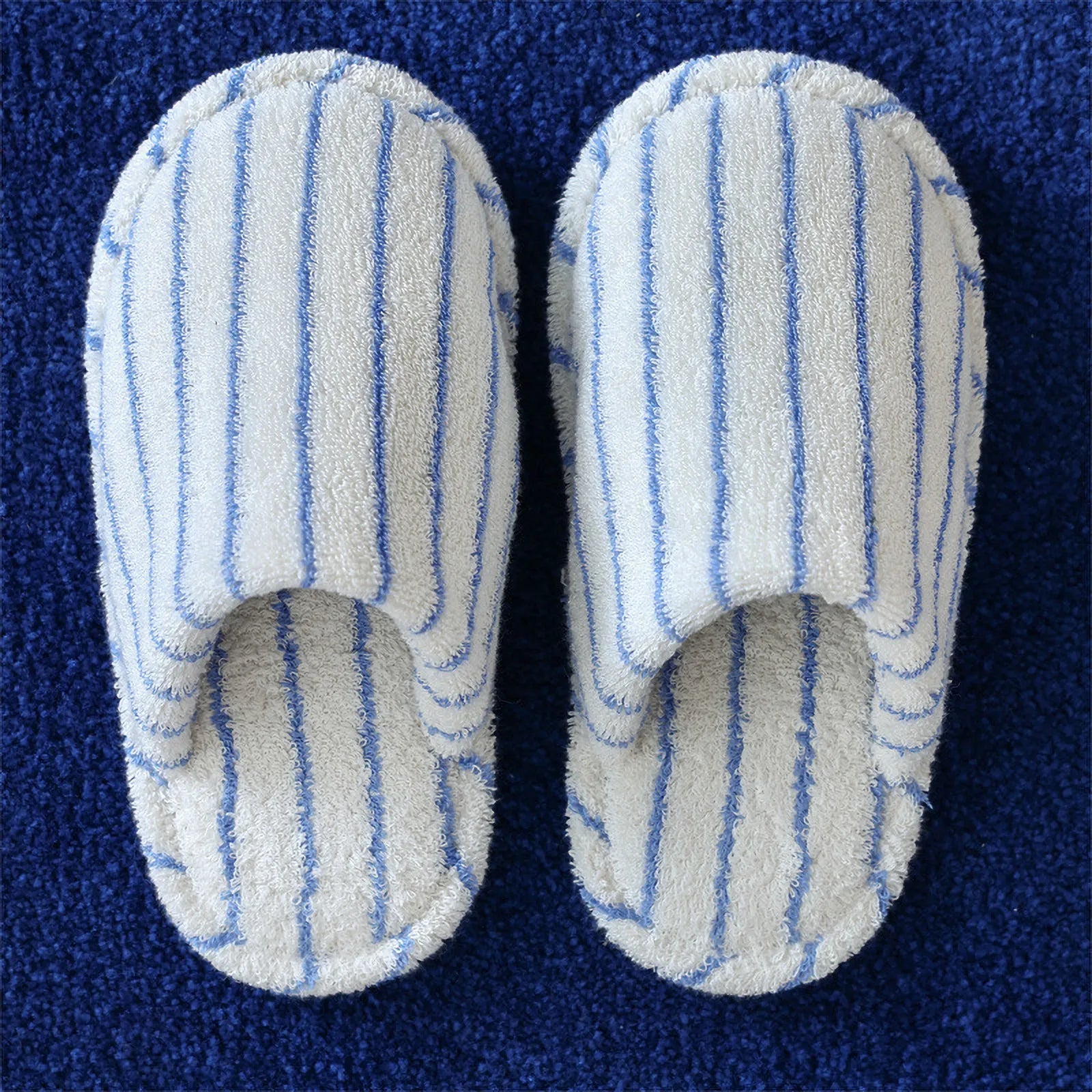 Top view of White and Blue Striped soft terry slippers