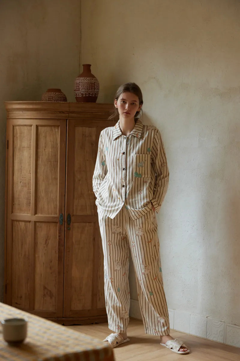 Full Body Shot of Long Sleeve Striped Gauze Pajama Set - RoomDen