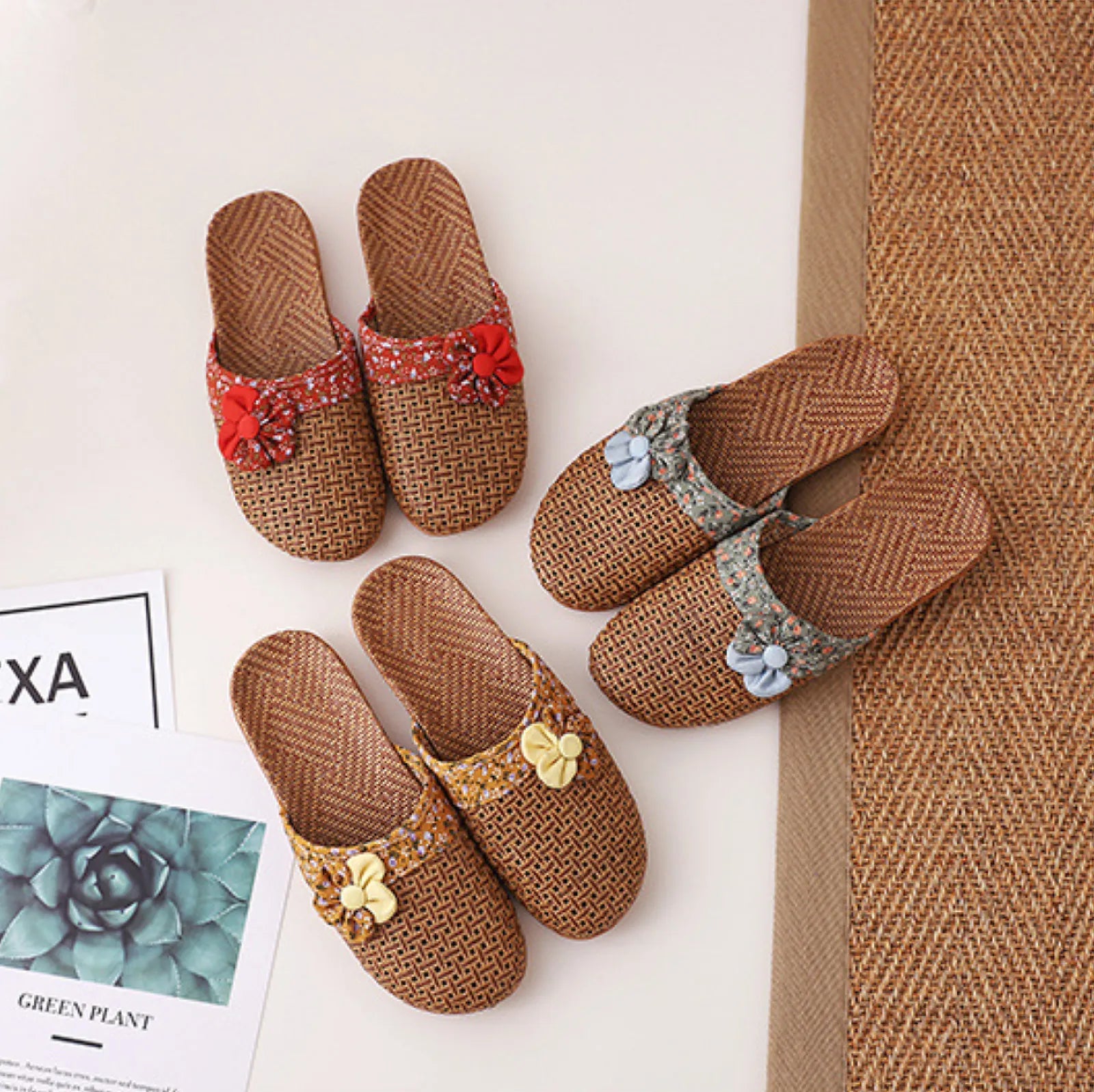 Red and Mustard Yellow Floral Natural Rattan House Slippers comparison - RoomDen