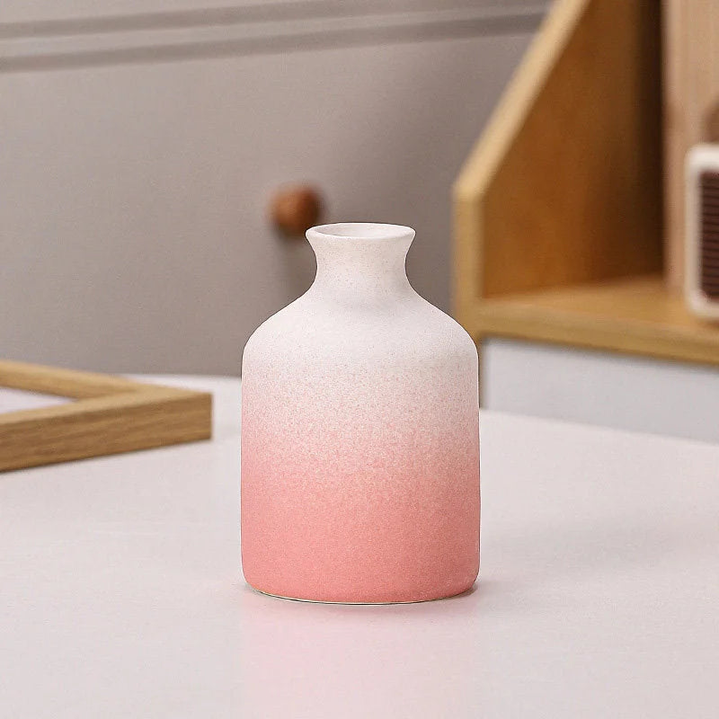 Pink Ombre bottle-shaped frosted ceramic vase on a white surface - RoomDen.