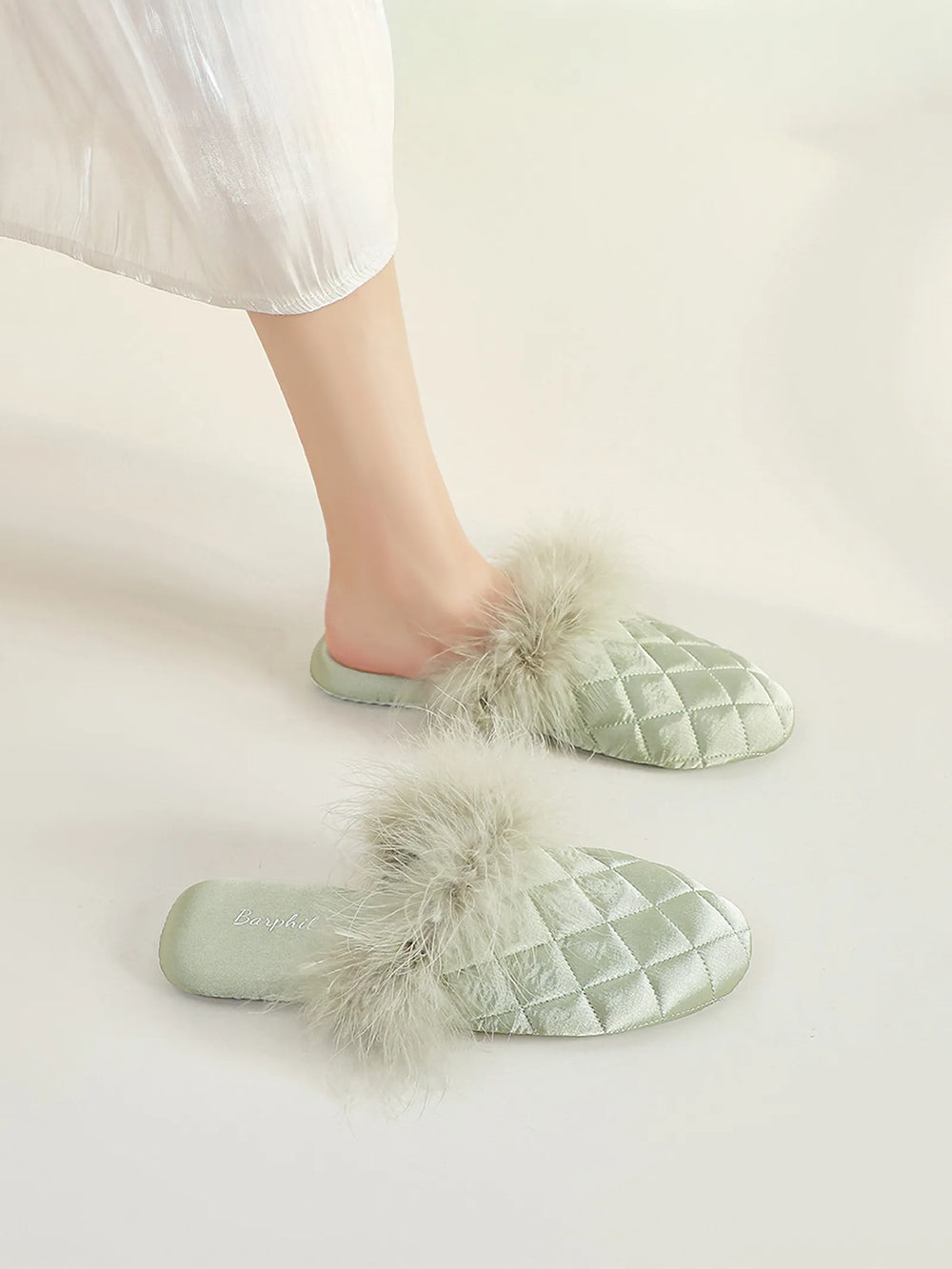 Sage Green quilted satin house slippers with feathery trim on legs - RoomDen