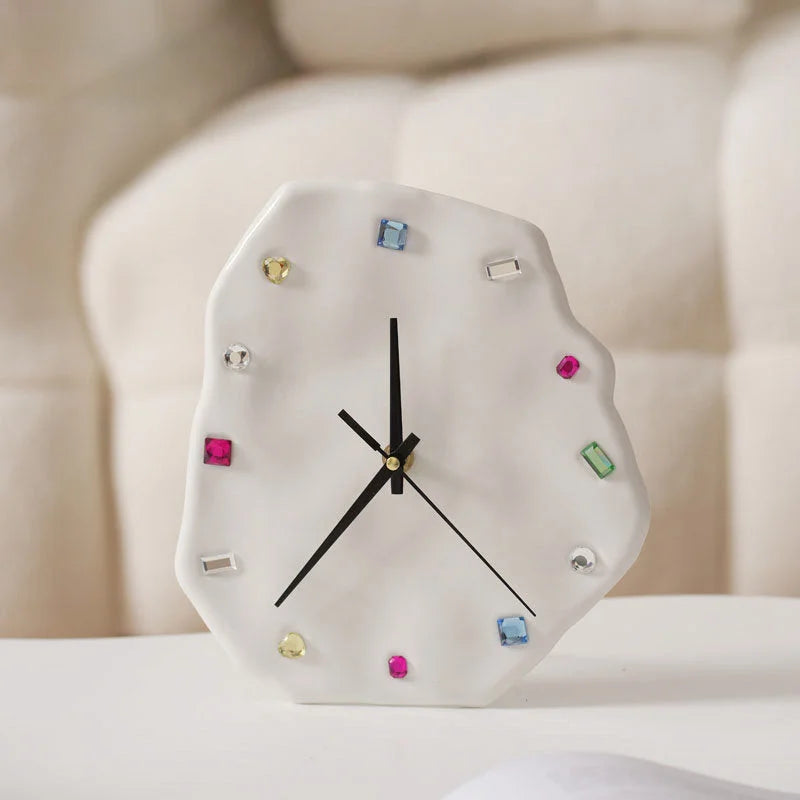 Close-up of the Wavy Jeweled Ceramic Clock in White, showing colorful gemstone markers - RoomDen