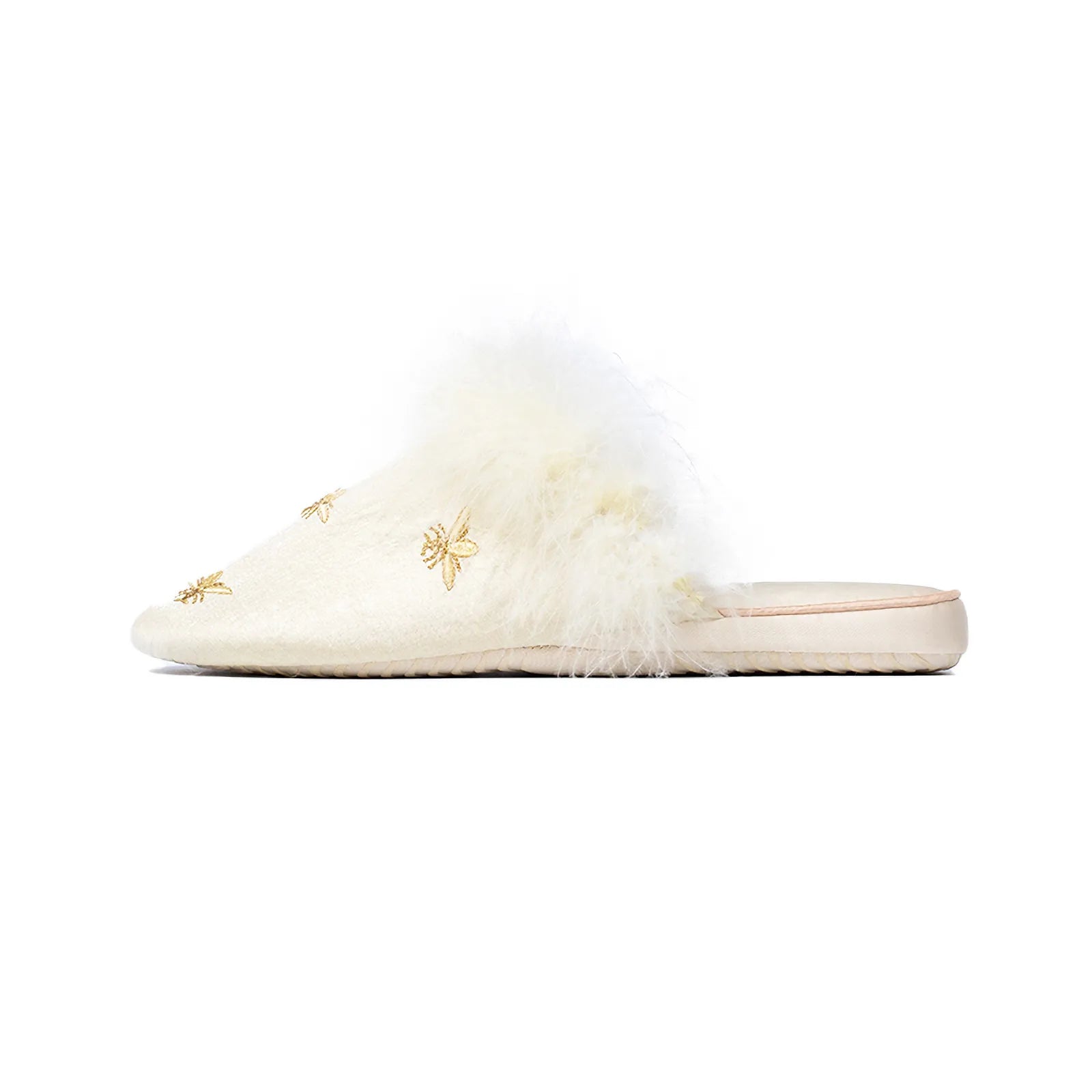 Side profile of Beige slippers showing the delicate gold stitching - RoomDen