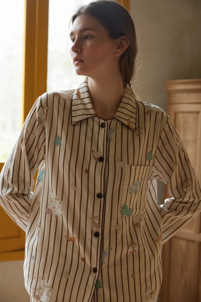 Back View of Long Sleeve Striped Pajama Shirt - RoomDen