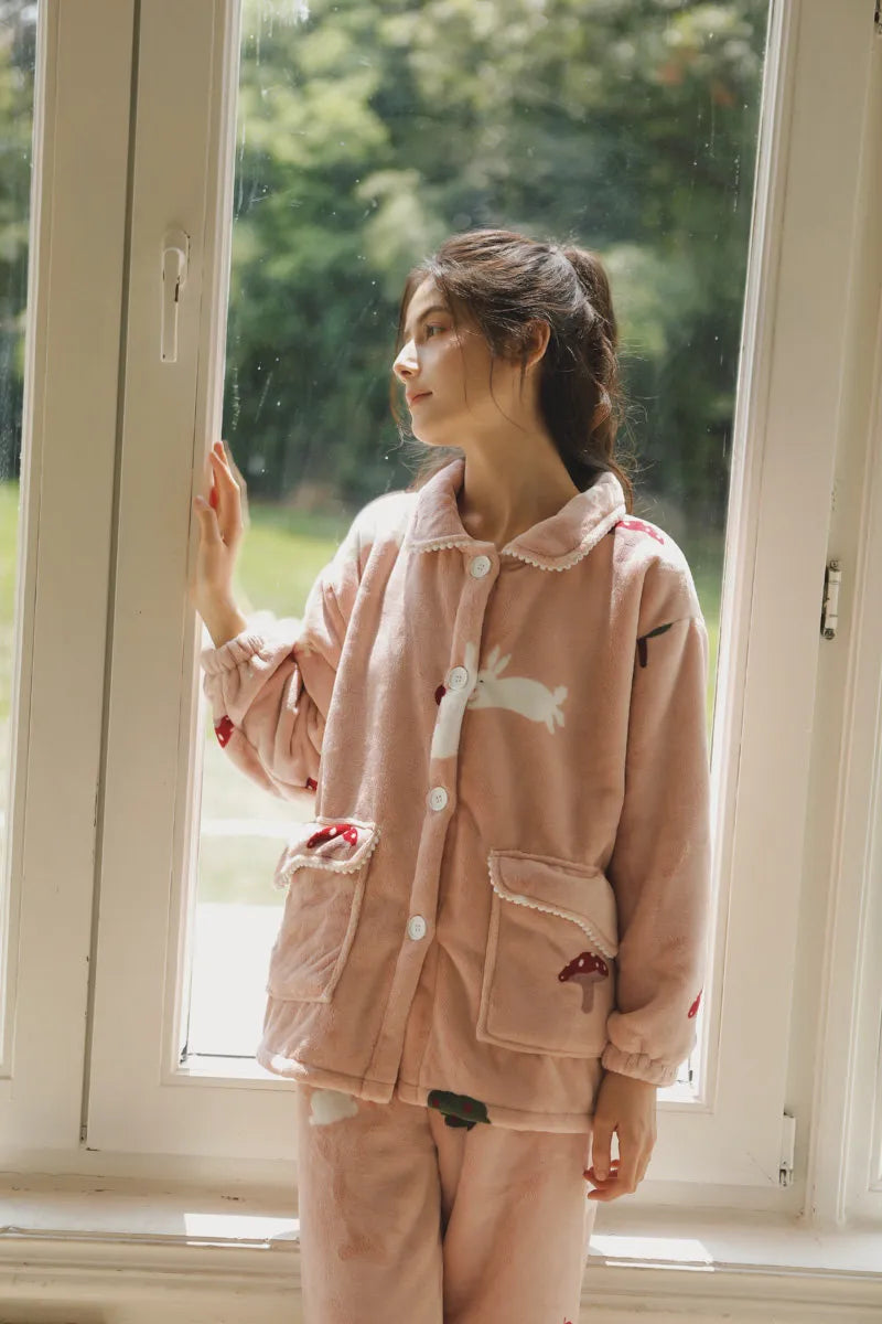 RoomDen Plush Rabbit & Mushroom Flannel Fleece Pajama Set - Side profile by window