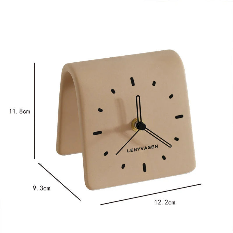 Khaki Beige Matte Arch Ceramic Table Clock with dimension callouts - RoomDen