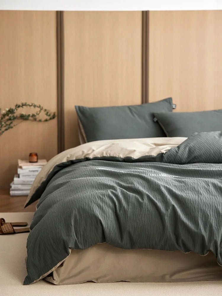Full view of the Slate Grey & Beige Wavy Textured Washed Cotton Bedding Set on a wooden bed. - RoomDen