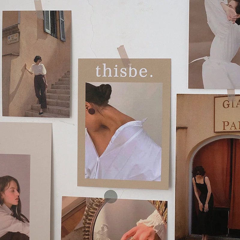 Vintage Parisian wall collage kit showing five prints, including a woman on stairs and another in a white shirt. - RoomDen