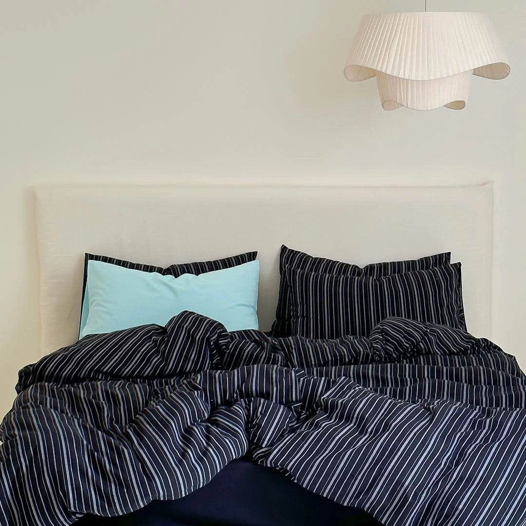 RoomDen Black Striped Washed Cotton Bedding Set Main View - Indie Style