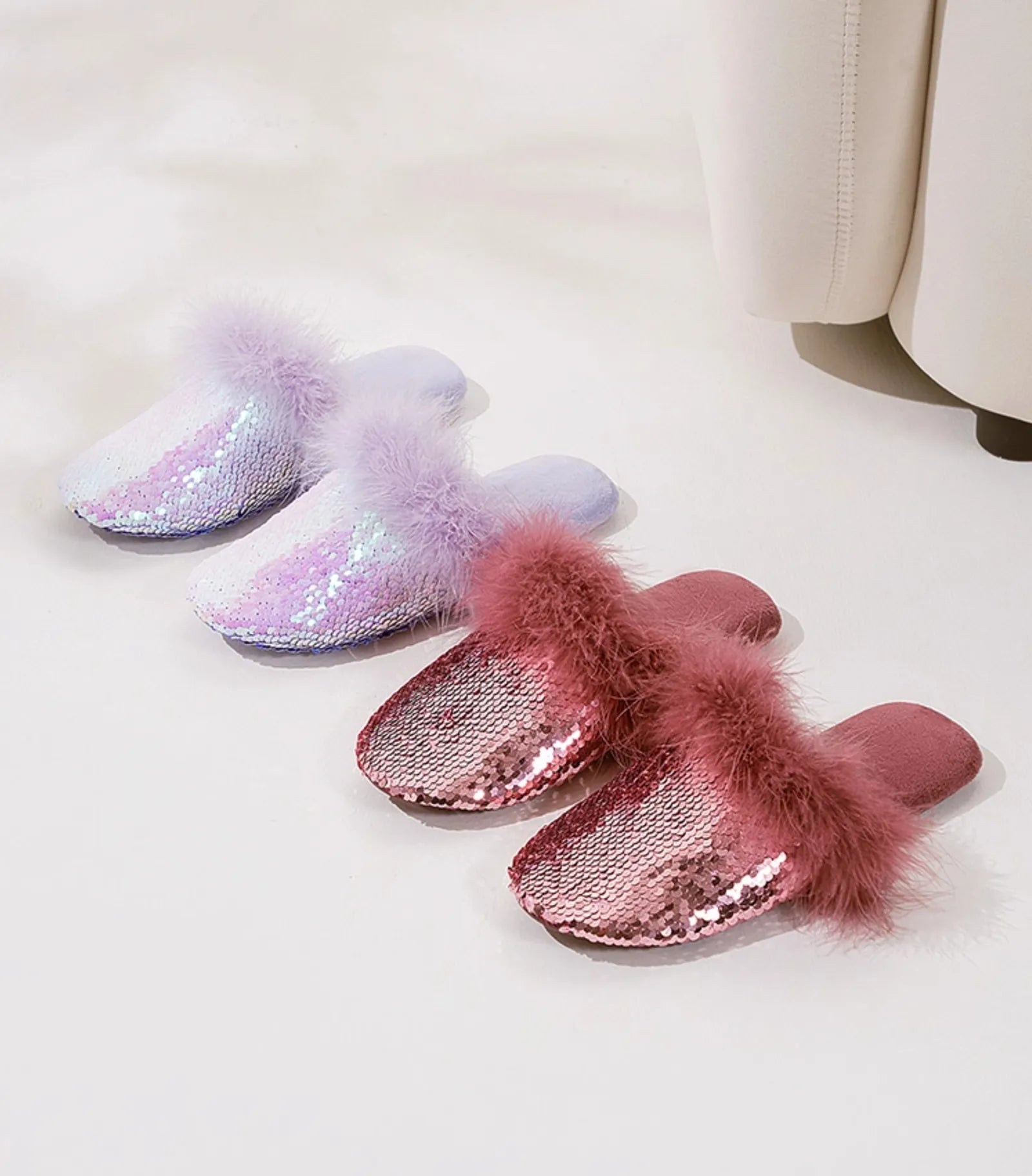 RoomDen collection showing both Lavender and Pink sequin faux fur slippers