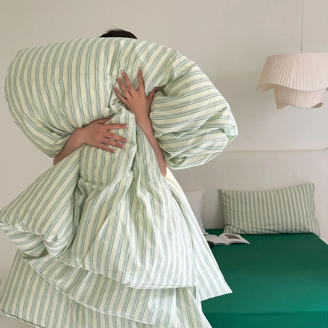 Model Holding Fluffy Green Striped Duvet Insert Soft Texture - RoomDen
