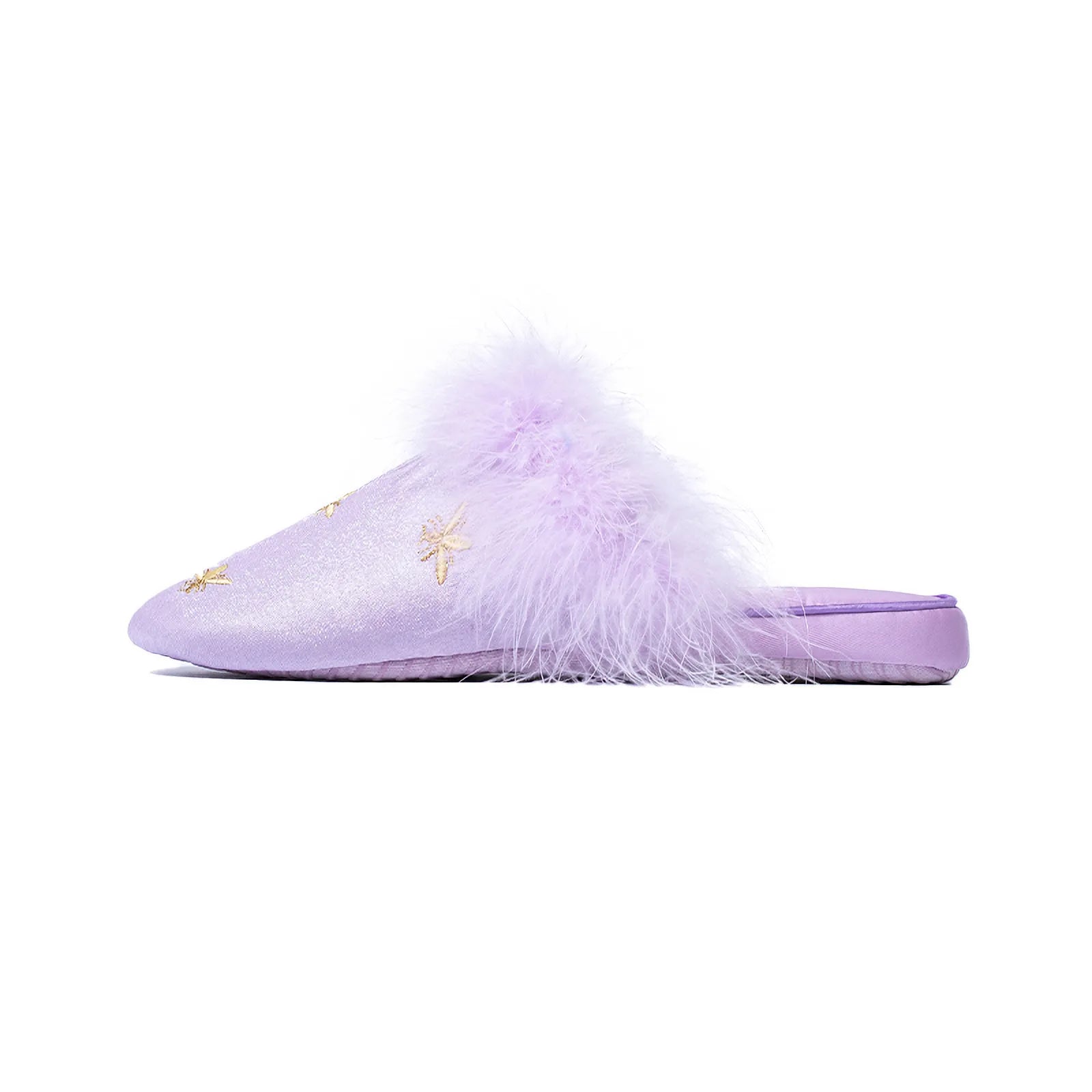 Side profile of Purple slippers highlighting the faux fur trim and gold bee - RoomDen