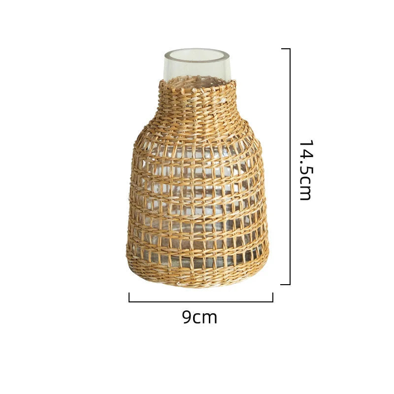 Close-up of the large Handwoven Rattan & Glass Bud Vase with dimensions shown - RoomDen.
