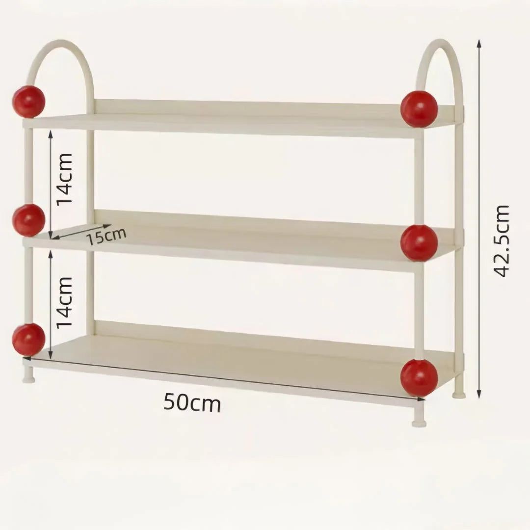 Diagram showing the dimensions of the metal desk shelf: 50cm width, 42.5cm height, 15cm depth - RoomDen.