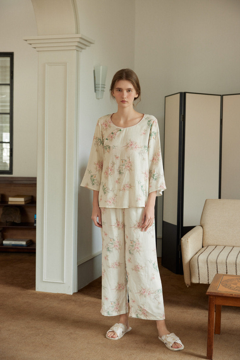 Beige Bamboo Floral Print Double Gauze Pajama Set