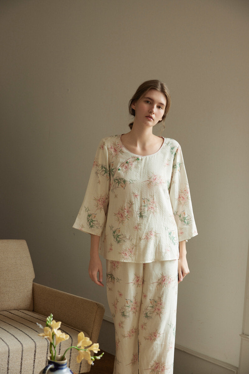 Beige Bamboo Floral Print Double Gauze Pajama Set