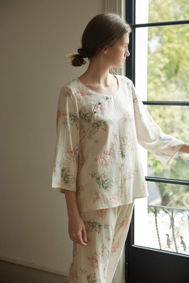 Beige Bamboo Floral Print Double Gauze Pajama Set