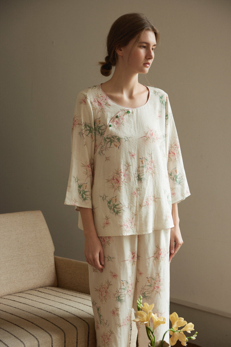 Beige Bamboo Floral Print Double Gauze Pajama Set