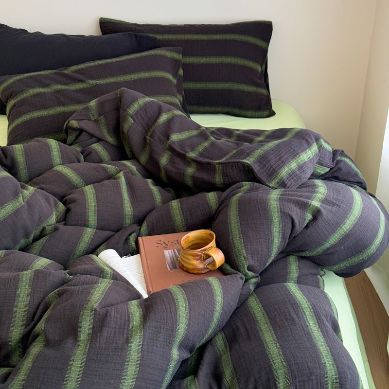 Corbin Striped Washed Cotton Bedding Set - Charcoal Olive