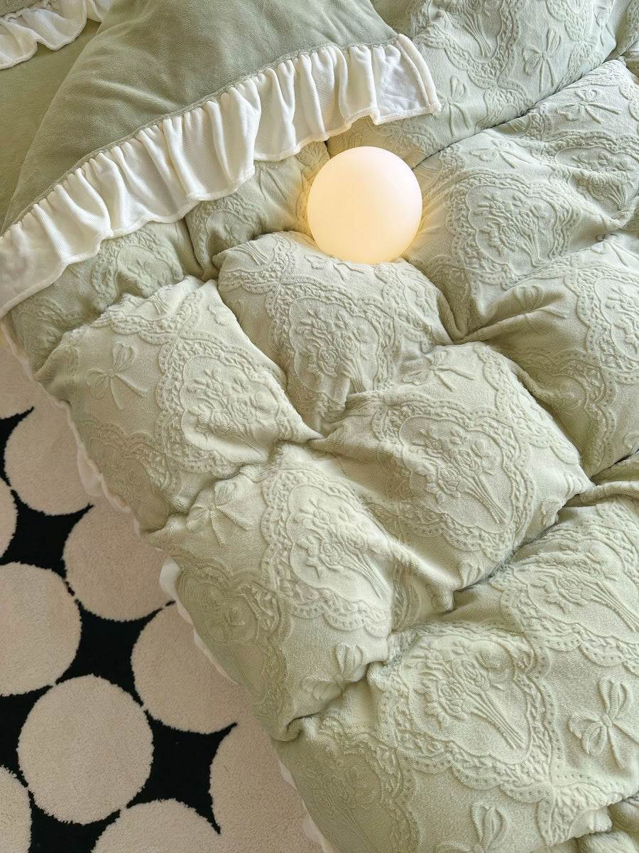 Light green fleece bedding with ruffled cream edge and glowing warm lamp - RoomDen