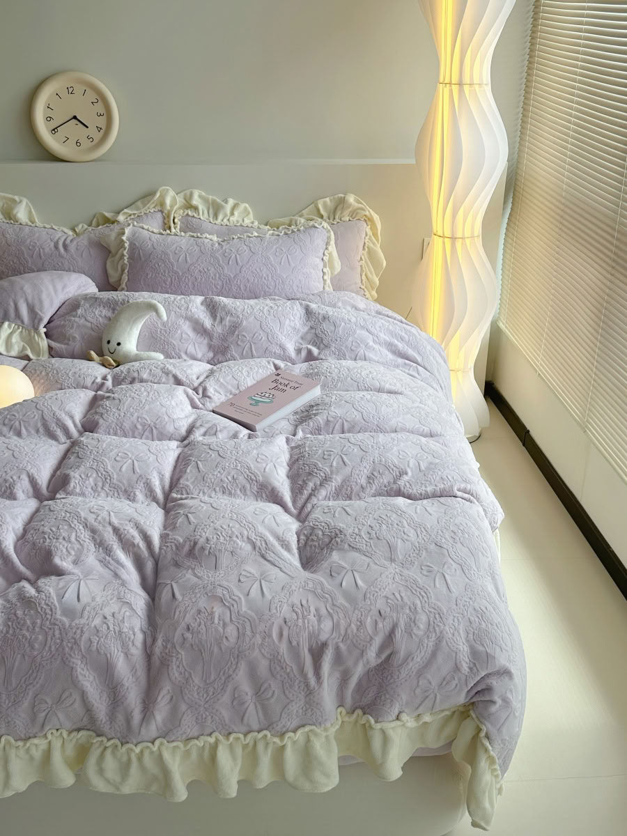 Full view of pastel lavender bow embossed bedding set with cream edges - RoomDen