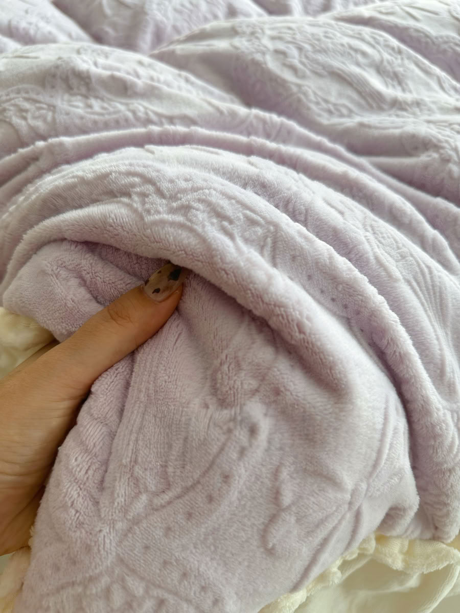 Soft lavender flannel fleece bedding with plush texture and delicate bow embossing - RoomDen