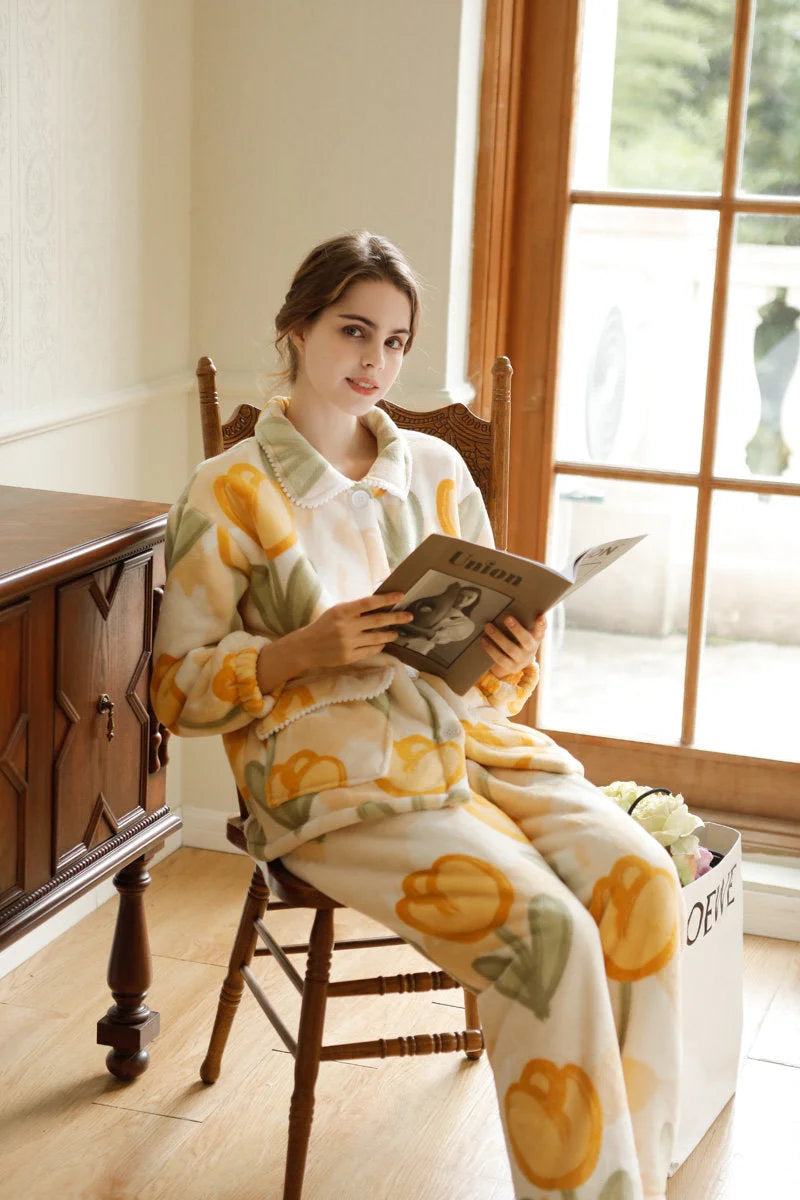 RoomDen Plush Watercolor Tulip Flannel Fleece Pajama Set - Woman Reading Book