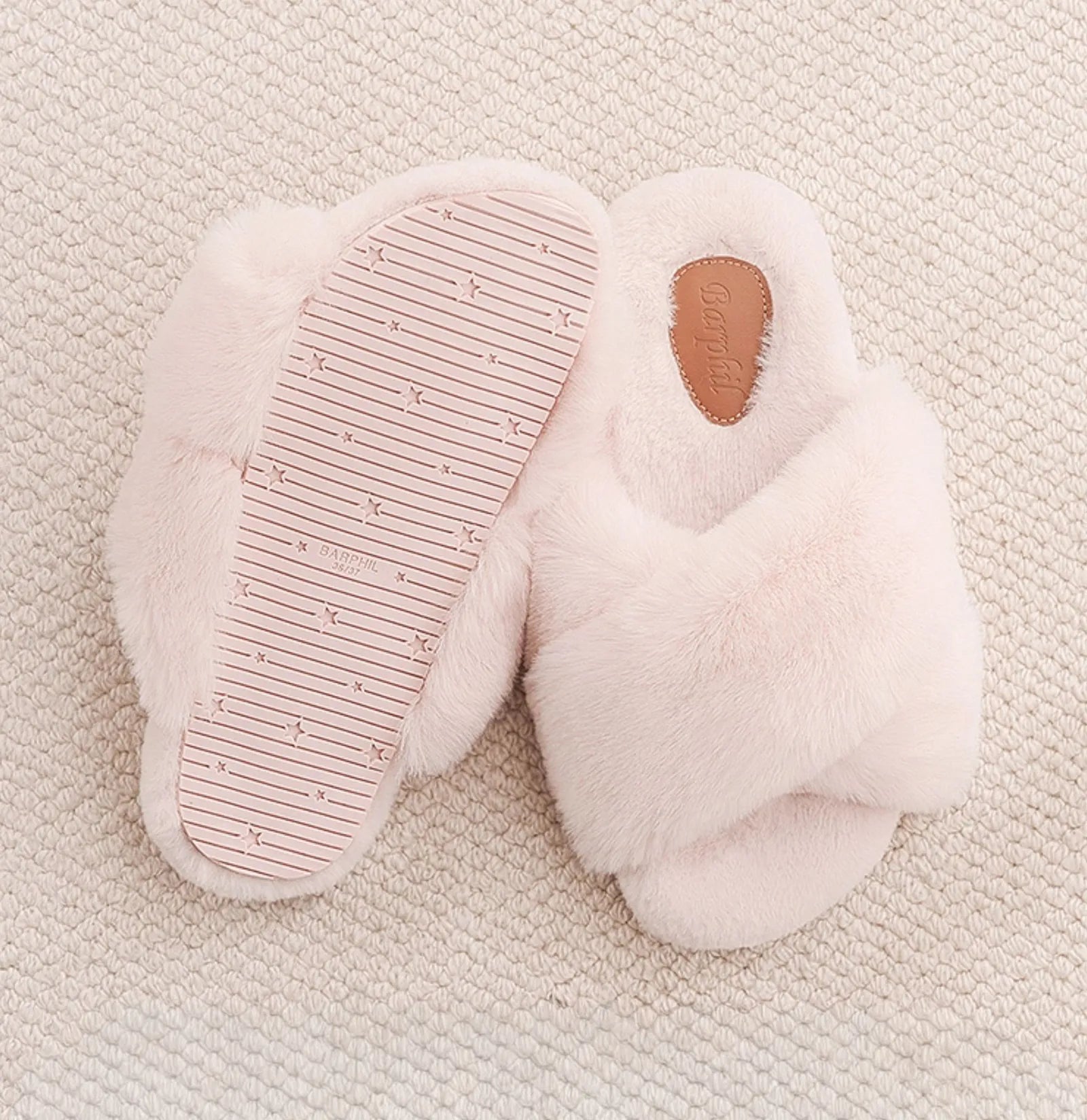 Sole view of pink slippers showing non-slip texture and size 36/37 - RoomDen