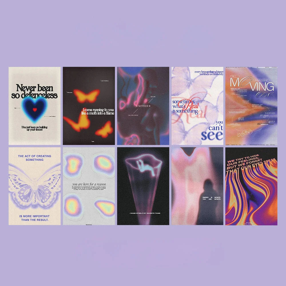 Full set of 10 posters from the Aura Gradient wall collage kit displayed on a purple background. - RoomDen