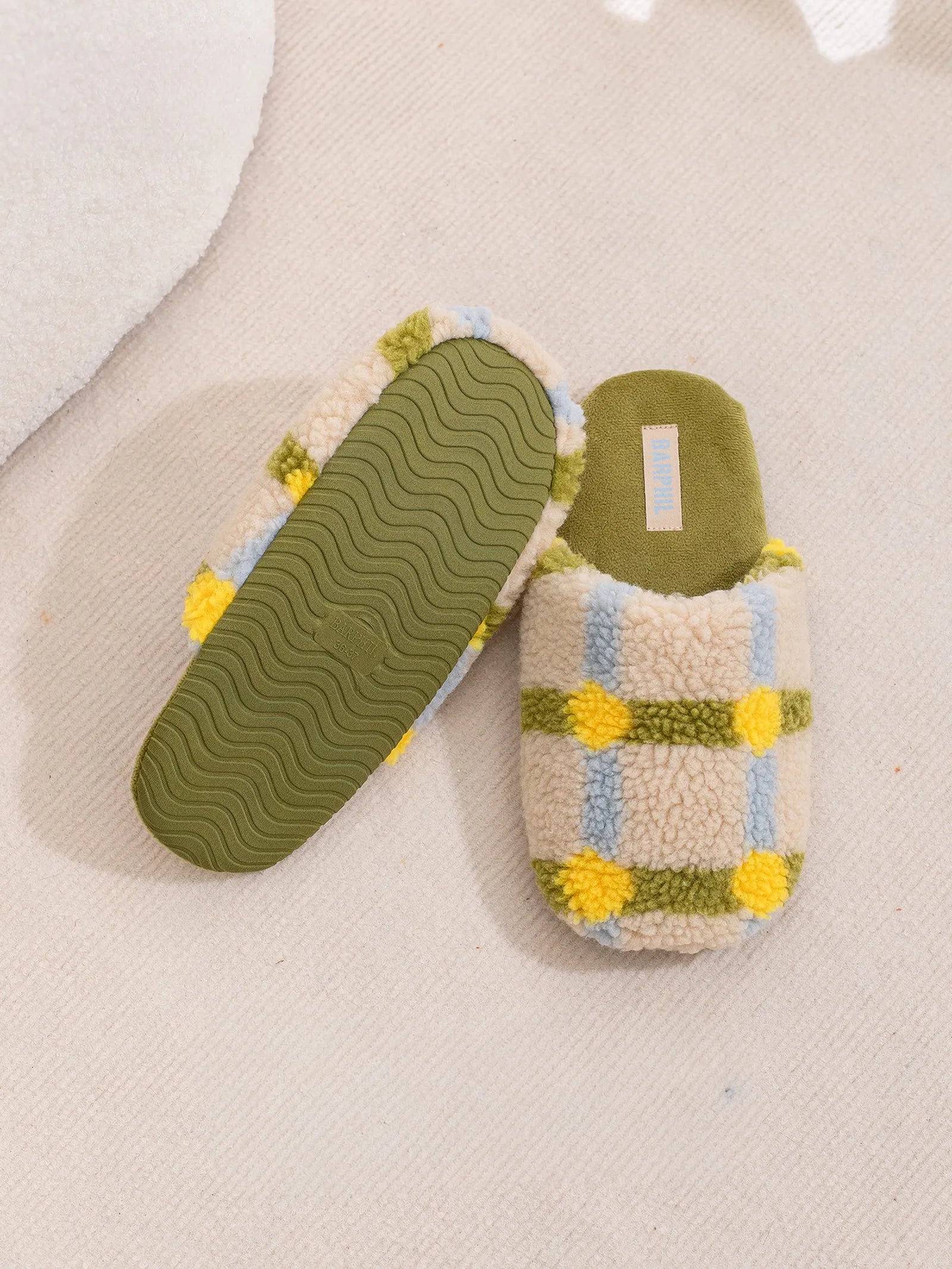 Sole view of Green Checkered House Slippers showing non-slip texture and green rubber bottom - RoomDen
