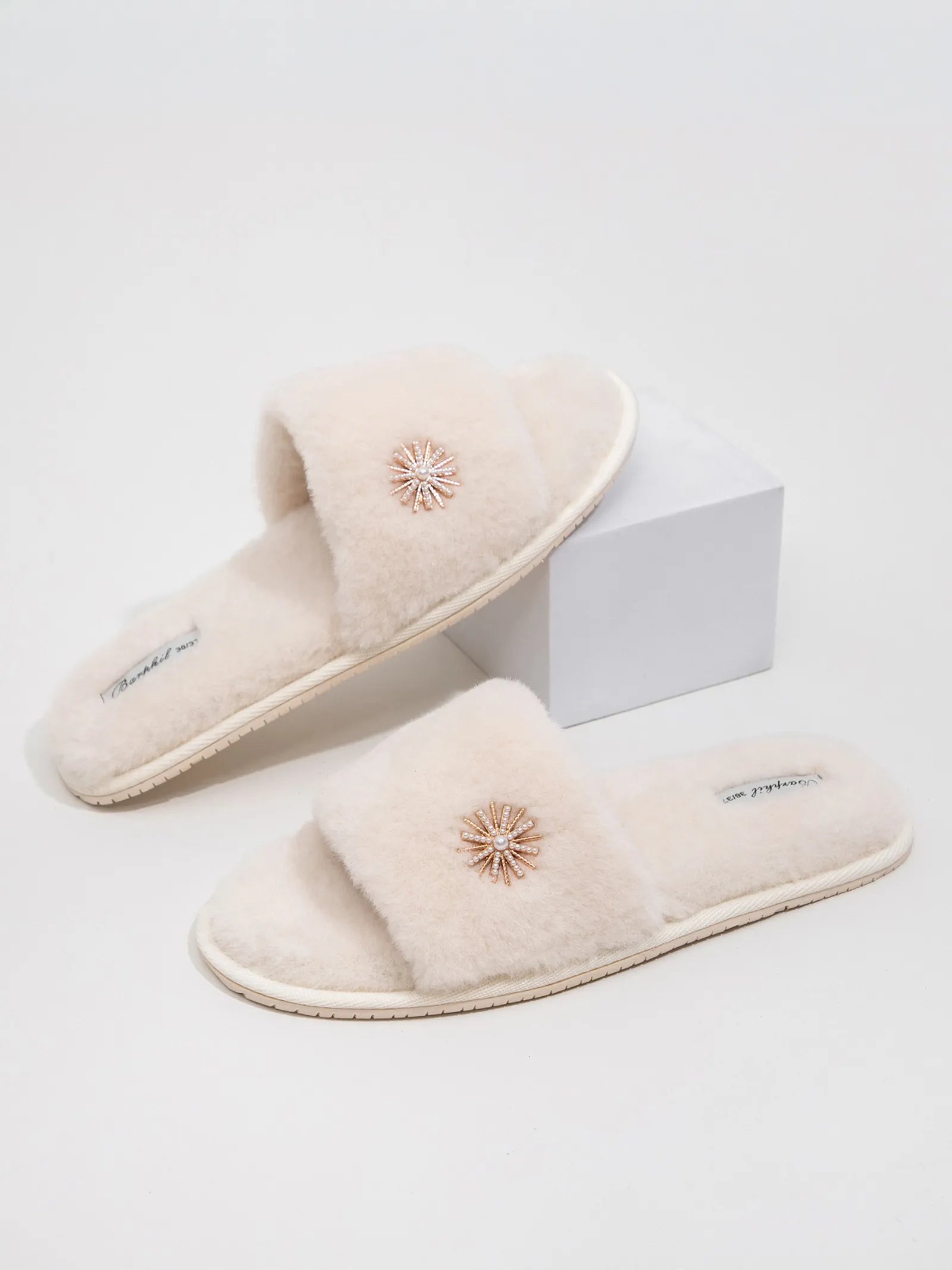 Side view of Beige Coquette Style Fluffy Slippers - RoomDen